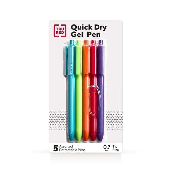 Staples TRU RED Retractable Quick Dry Gel Pens Med Point 0.7mm Asst 5/Pk TR54497