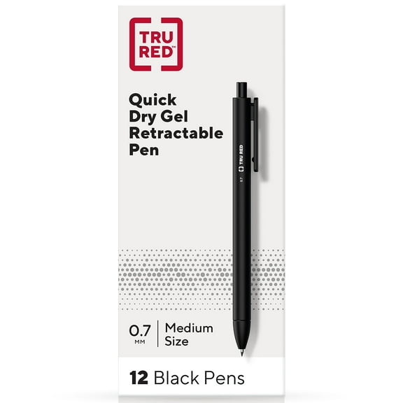 Staples TRU RED Retractable Quick Dry Gel Pens Med Point 0.7mm Blk Dozen TR54498