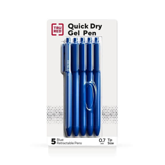 Staples TRU RED Retractable Quick Dry Gel Pens Med Point 0.7mm Blue 5/Pk TR54495