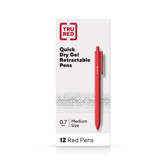 Staples TRU RED Retractable Quick Dry Gel Pens Med Point 0.7mm Red Dozen TR54500