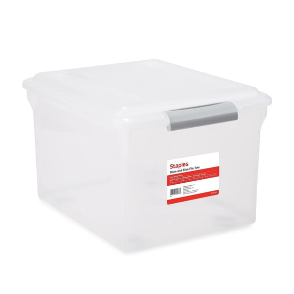 TRU RED Staples Store & Slide Hanging File Box, Latch Lid, Letter/Legal Size, Clear