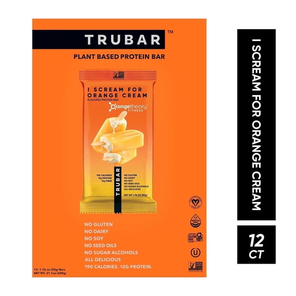 TRUBAR I Scream for Orange Cream, Plant-Based Protein Bar, Vegan, Gluten-Free, 12 Count