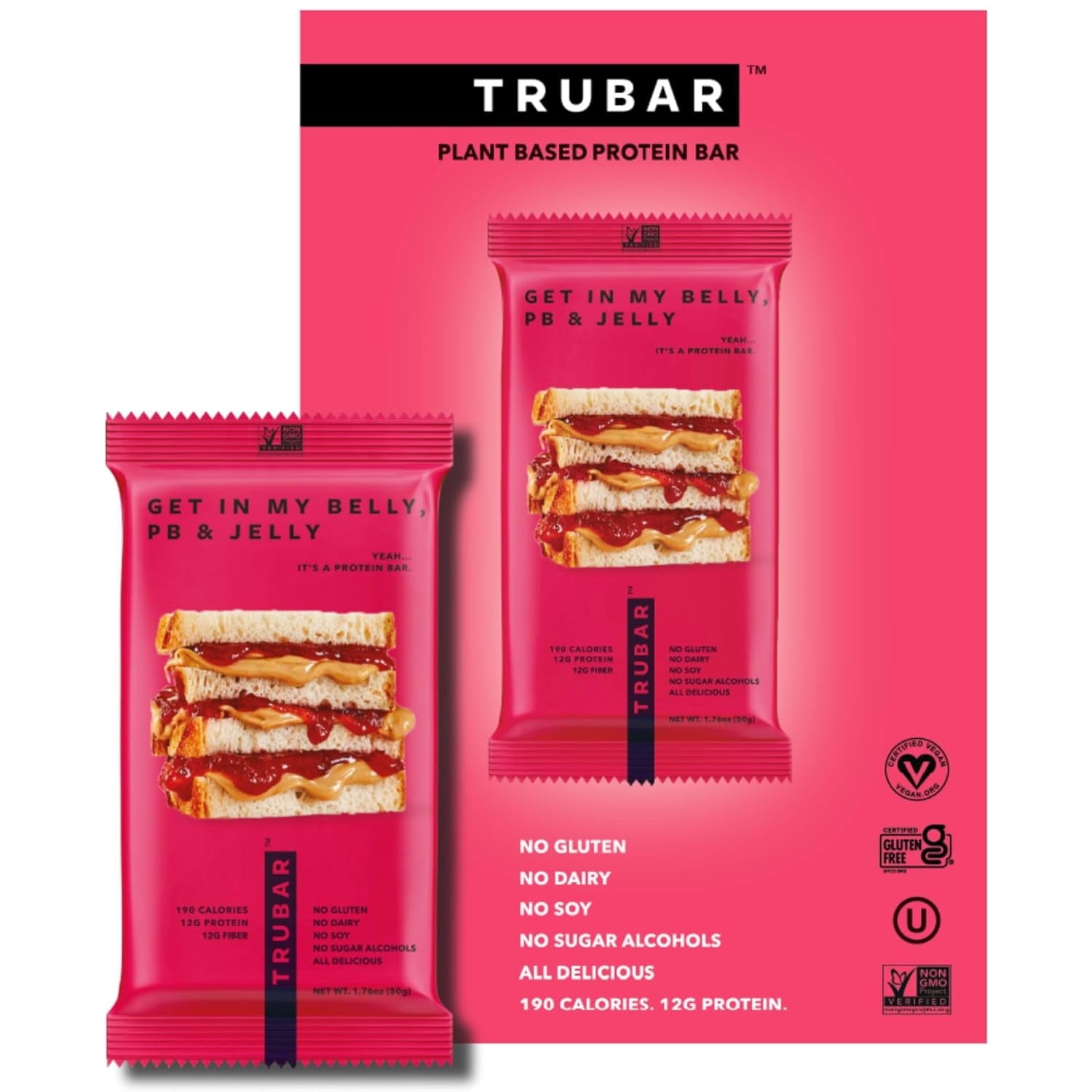 TRUBAR - Get In My Belly PB & Jelly - 12CT - Indulgent Nutrition, Healthy on the Go Snack Bars, Plant Based Protein, Vegan, Gluten Free, Kosher