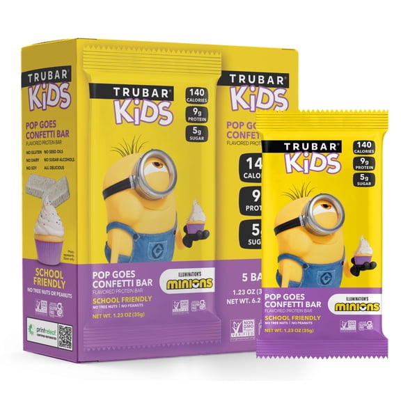TRUBAR Kids Pop Goes Confetti Cake Bar, Plant-Based Protein Bar, Vegan, Gluten-Free, 5 Count