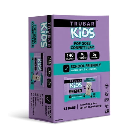 TRUBAR Kids Pop Goes Confetti, Plant-Based Protein Bar, Vegan, Gluten-Free, 12 Count