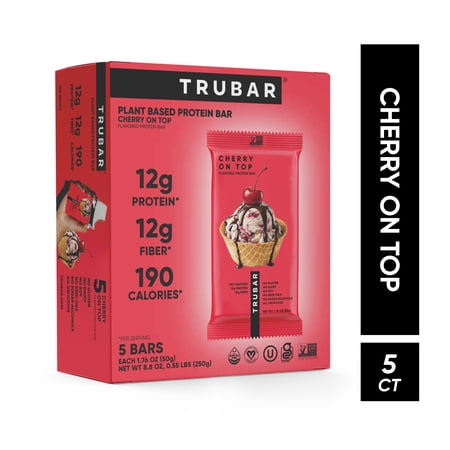 TRUBAR Protein Bar, Cherry on Top, Plant Based Protein, Vegan, Gluten Free, Kosher, 5-Count