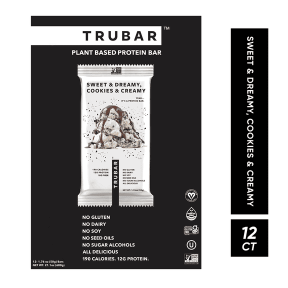 TRUBAR Protein Bar, Cookies & Cream, Plant Based Protein, Vegan, Gluten Free, Kosher, 12 Count (Box)