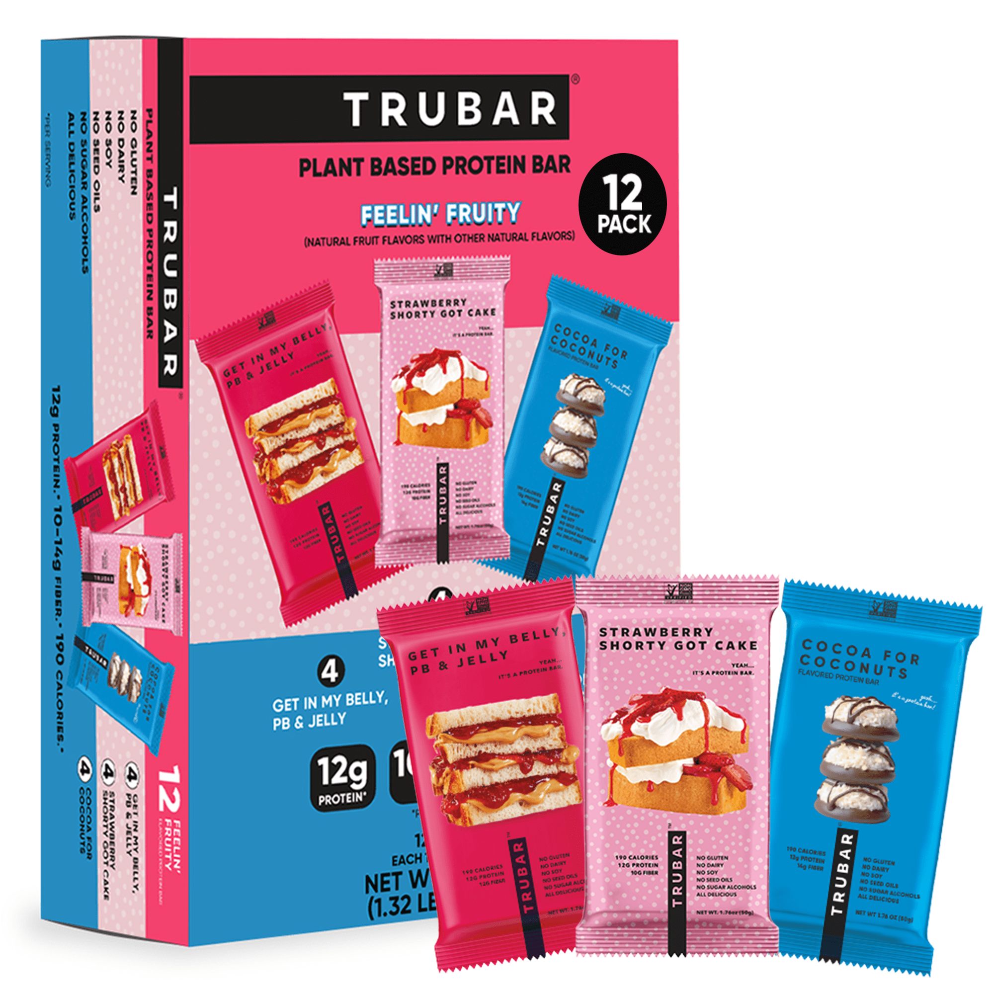 TRUBAR Protein Bar, Feelin’ Fruity Variety Pack, Plant Based Protein, Vegan, Gluten Free, Kosher, 12 Count