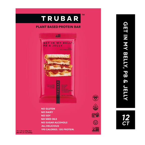 TRUBAR Protein Bar, Get in My Belly PB & Jelly, Plant Based Protein,Vegan,Gluten Free,Kosher,12 Cnt