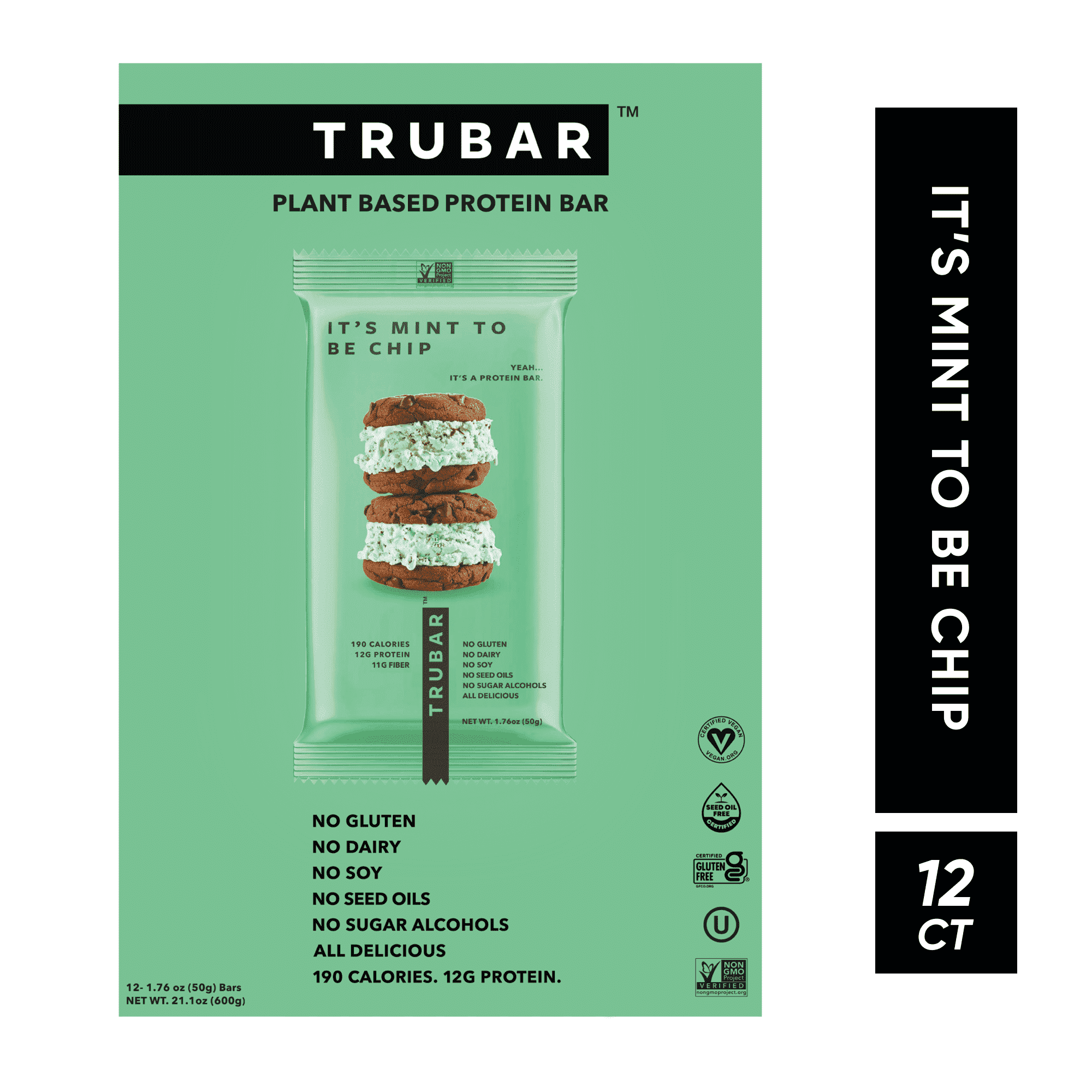 TRUBAR Protein Bar, It's Mint to Be Chip, Plant Based Protein, Vegan, Gluten Free, Kosher, 12 Count (Box)