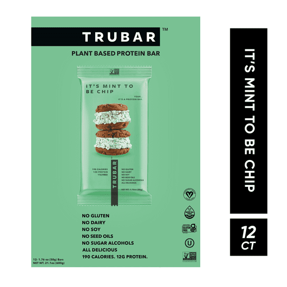 TRUBAR Protein Bar, It's Mint to Be Chip, Plant Based Protein, Vegan, Gluten Free, Kosher, 12 Count (Box)