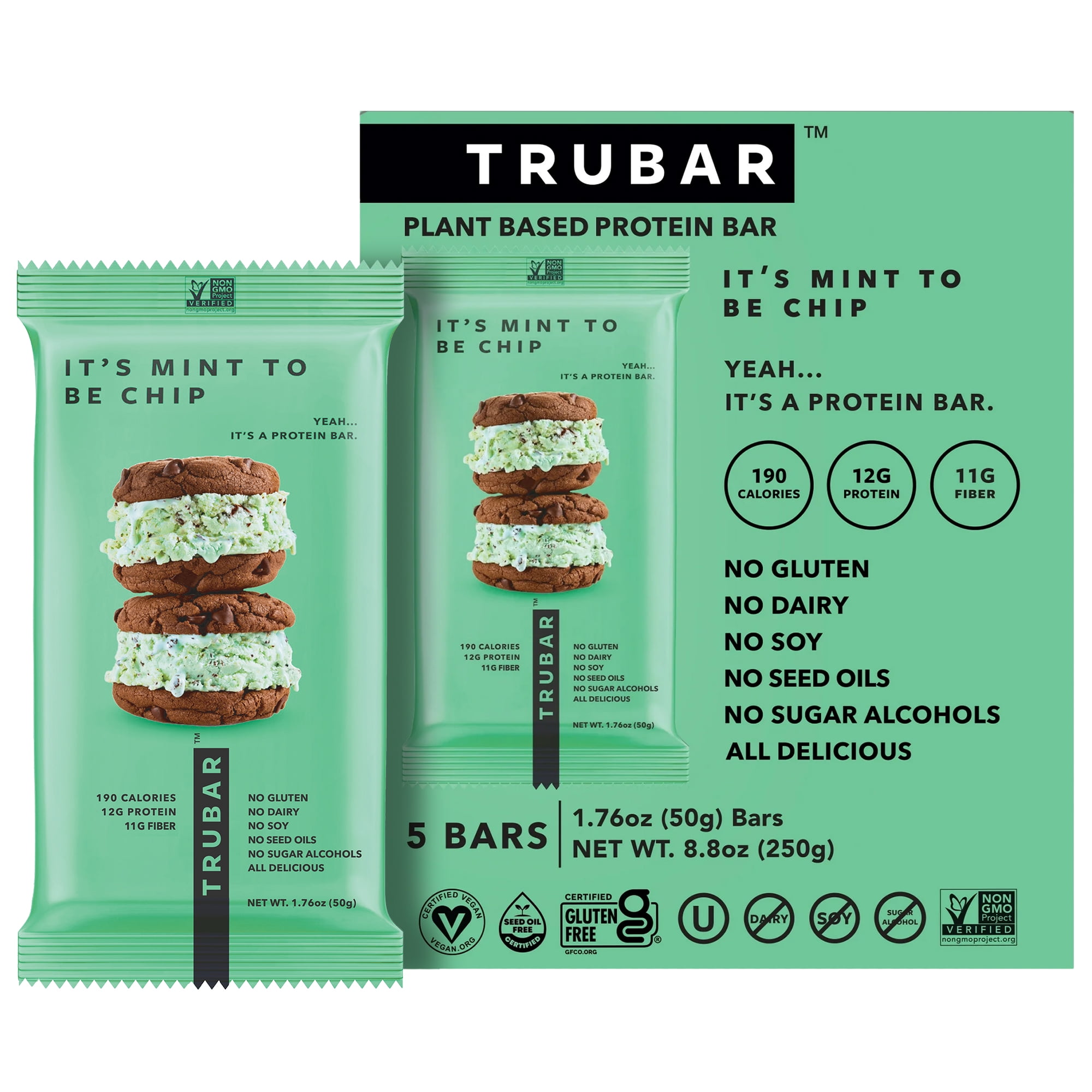 TRUBAR Protein Bar, It's Mint to Be Chip, Plant Based Protein, Vegan, Gluten Free, Kosher, 5 Count, Box