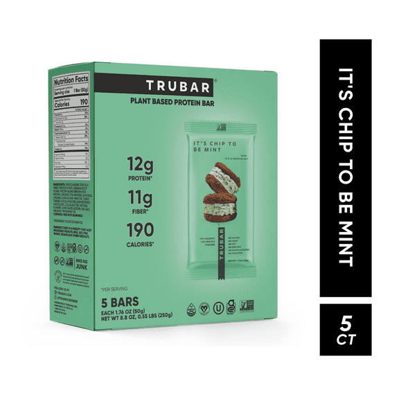 TRUBAR Protein Bar, It's Chip to be Mint, Plant-Based Protein, Vegan, Gluten Free, Kosher, 5 Count, Box