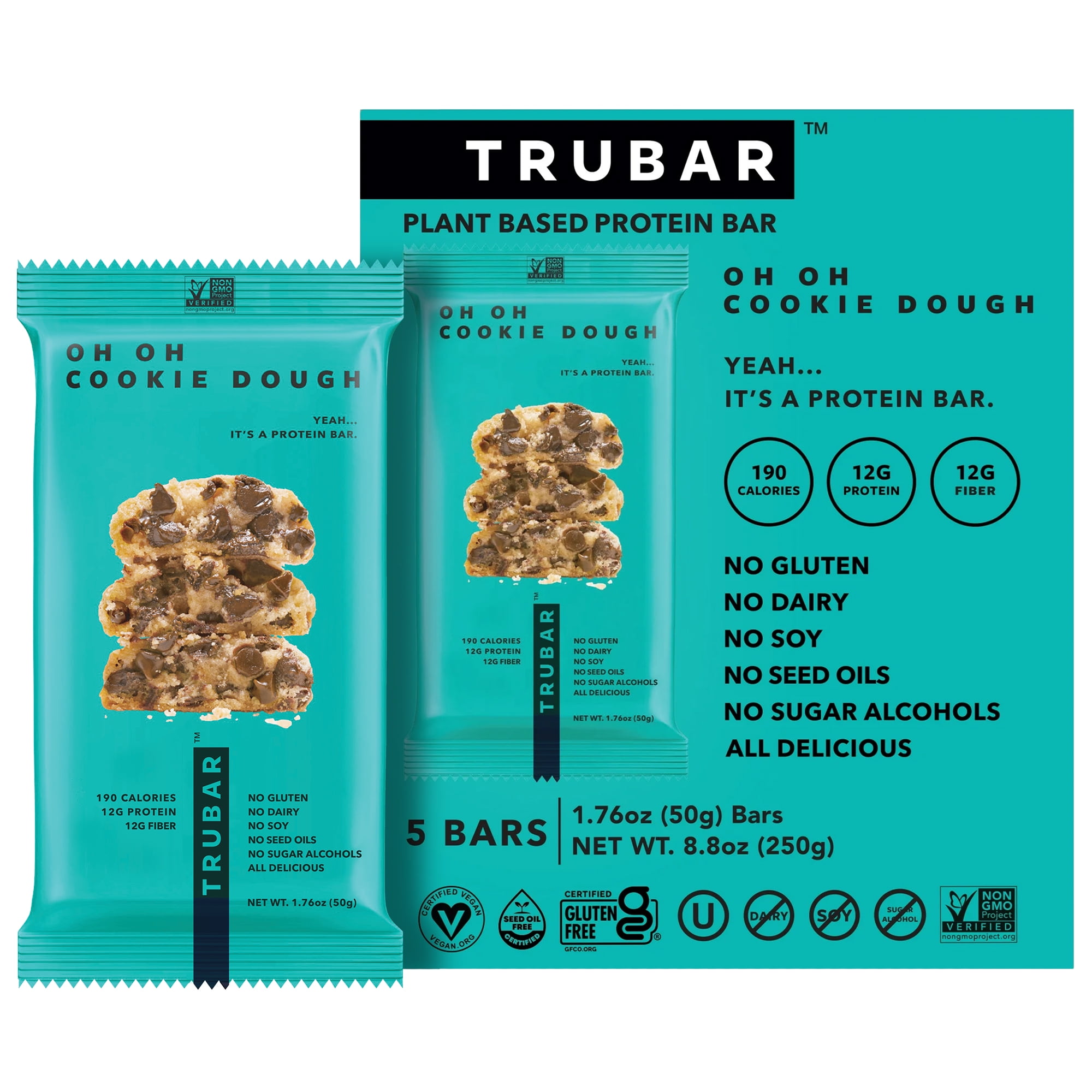 TRUBAR Protein Bar, Oh Oh Cookie Dough, Plant Based Protein, Vegan, Gluten Free, Kosher, 5 Count