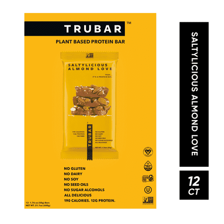 TRUBAR Saltylicious Almond Love, Plant-Based Protein Bar, Vegan, Gluten-Free, 12 Count