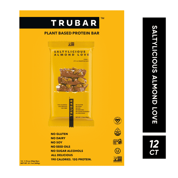 TRUBAR Protein Bar, Saltylicious Almond Love, Plant Based Protein, Vegan, Gluten Free, Kosher, 12 Count (Box)