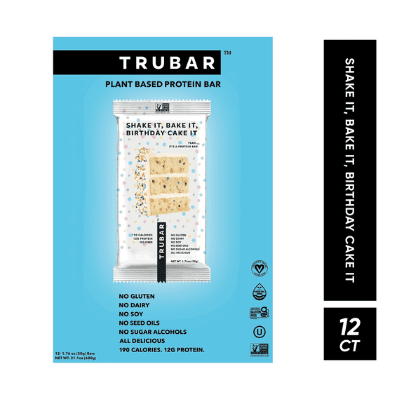 TRUBAR Protein Bar,Shake it, Bake it, Birthday Cake it , Plant Based Protein, Vegan, Gluten Free, Kosher, 12 Count (Box)