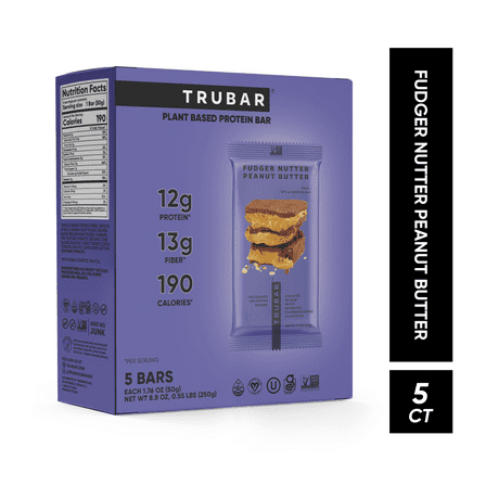 TRUBAR Protein Bar,  Fudger Nutter Peanut Butter, Plant Based Protein, Vegan, Gluten Free, Kosher, 5 Count