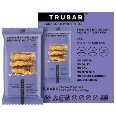 TRUBAR Protein Bar, Smother Fudger Peanut Butter, Plant Based Protein, Vegan, Gluten Free, Kosher, 5 Count
