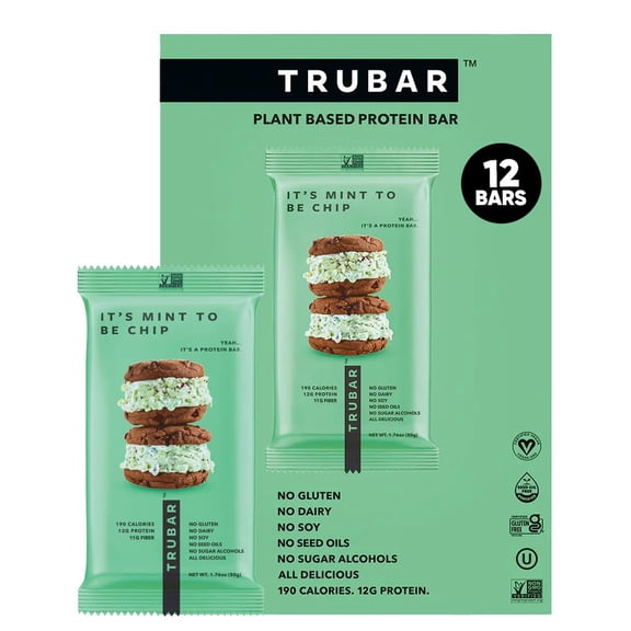 TRUBAR Vegan Protein Bar,It's Mint To Be Chip, Gluten Free, Plant Based Protein, Dairy Free, Non GMO, Soy Free, No Sugar Alcohols, 12G Protein, 12G Fiber, 23G Carb, On the Go Snack Bars, 12ct