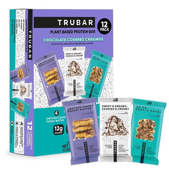 TRUBAR Vegan Protein Bars, Chocolate Covered Cravings Variety Pack, Peanut Butter, Cookies & Cream, & Cookie Dough, Gluten Free, Plant Based, High Fiber, Dairy Free, On the Go Healthy Snacks, 12 Coun