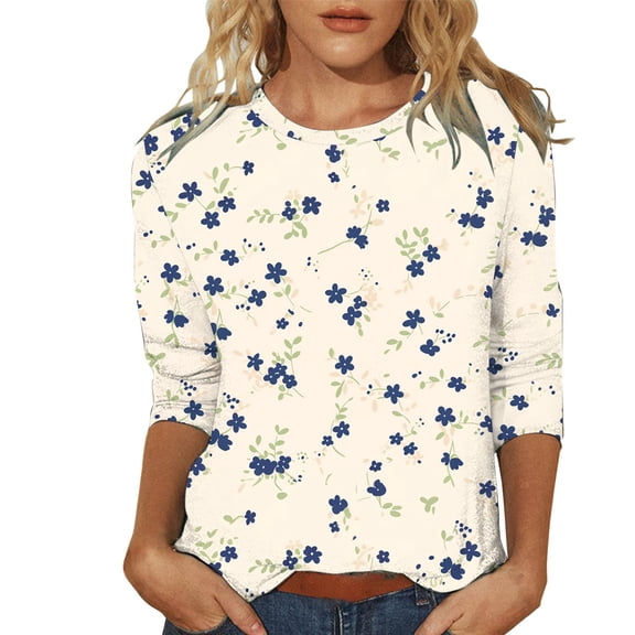 TRUBKH 3/4 Length Sleeve Womens Tops Graphic Tees for Women Blouses for Women Casual Cold Shoulder Tops Women's Fashionable Round Neck Print Three Quarter Sleeve T Shirt Plain Shirts for Women Navy S