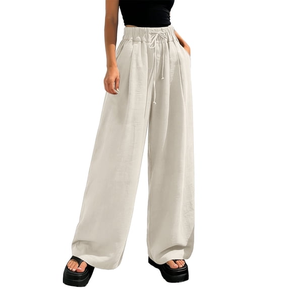 TRUBKH Beach Pants for Women Cotton Linen Palazzo Pants Teacher Pants Gaucho Pant Casual Pants for Women Palazzo Drawstring Wide Leg Linen Pants Cotton Palazzo Pants for Women Beige M-5XL