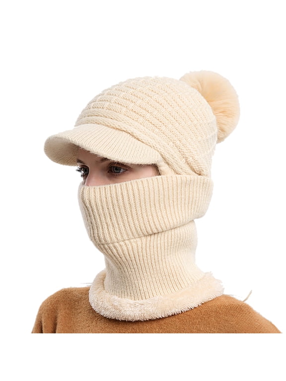 Beanie Hat Scarf Set for Women Winter Pompom Beanie Hat Knit Chunky Cap Warm Fleece Lined Caps for Women Comortable Hats Stretch Warm Skull Cap Winter Accessories for Women Beige One Size