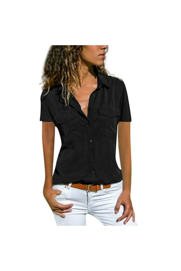Blouses & Button-down Shirts,short Sleeve Blouse,gauze Shirts for Women,tops for Women,long Button Down Shirts for Women,short Sleeve Turn Down Collar Pockets Buttons Shirt Tops Black L