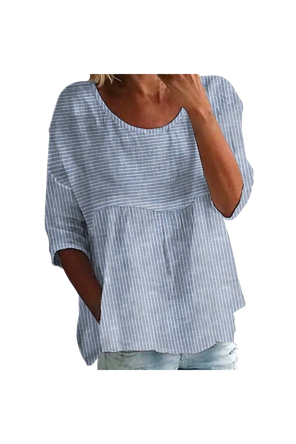Boho Tops for Women Womens 3/4 Sleeve Tops 3/4 Roll-up Sleeve Solid Color Blouses for Women Boho Peasant Gauze Blouses 3/4 Sleeve Tunic Tops Blue XL