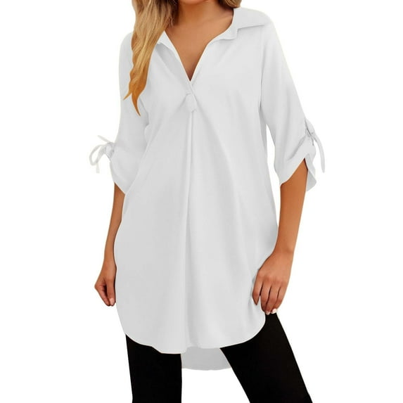 TRUBKH Button Down Shirts Linen Tunic Tops for Women Womens Collared Shirt Womens Button Down Women's Summer Mid Length Short Sleeved Chiffon Shirt Linen Blouses for Women White M