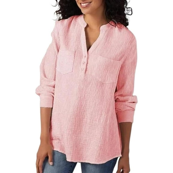 TRUBKH Button Down Shirts Long Sleeve Shirts for Women Linen Tops for Women Womens Blouses Long Sleeve Autumn and Winter New V Neck Pocket Cotton Linen Size Long Sleeved Shirt Top Work Shirt Pink M
