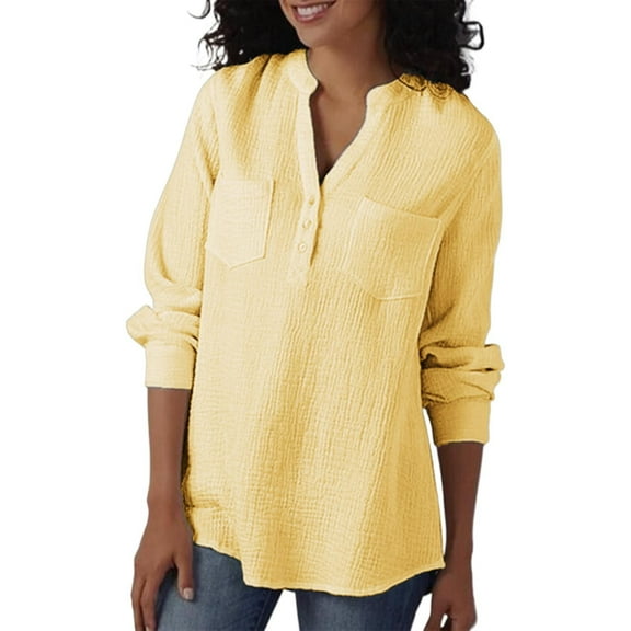 TRUBKH Button Down Shirts Long Sleeve Shirts for Women Linen Tops for Women Womens Shirt Autumn and Winter New V Neck Pocket Cotton Linen Size Long Sleeved Shirt Top Womens Button Down Yellow 2xl