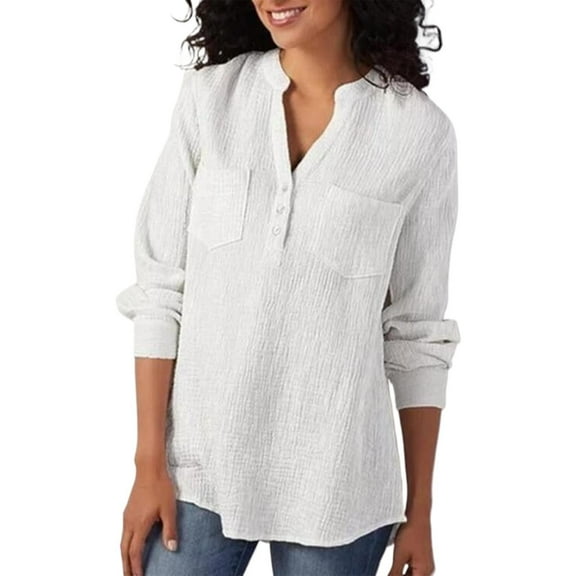 TRUBKH Button Down Shirts Long Sleeve Shirts for Women Linen Tops for Women Work Shirt Autumn and Winter New V Neck Pocket Cotton Linen Size Long Sleeved Shirt Top Womens Button Down White M
