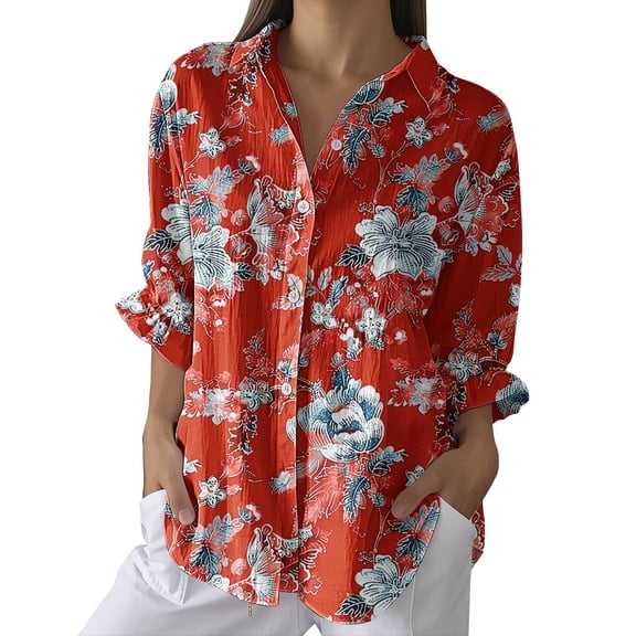 TRUBKH Button Down Shirts Long Sleeve Shirts for Women Vintage Shirts for Women Polyester Shirts for Women Boho Tops Floral Shirt 3/4 Sleeve Button Up Blouses Ethnic Tshirts Tops Button Shirts Red M