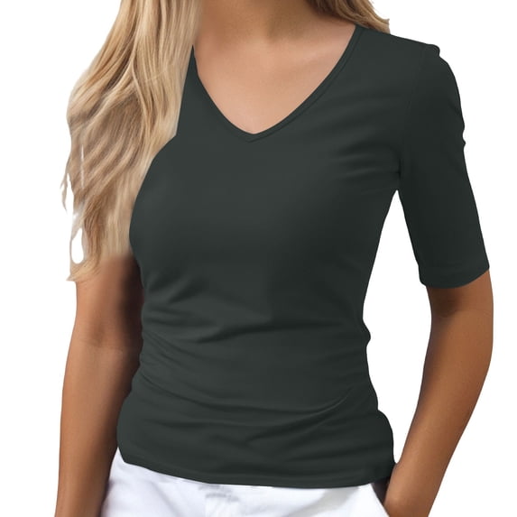 TRUBKH Compression Shirts Woman Mid Elbow Length Sleeve V Neck Crop Tops Going Out Tops Waist Slimming Tops for Women Tunic Top Basic Tees Y2k Clothes Athletic Top Stretchy Tops Green L