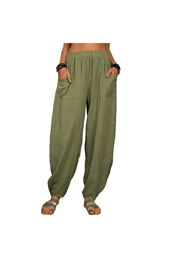 Cotton Linen Pants Beach Baggy Trousers Resort Wear for Women 2026 Pull On Pants Women's Sweatpants Baggy Tapered Pants Women Lounge Pants Barrel Palazzo Pants Gaucho Pant Green L