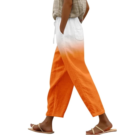 TRUBKH Cotton Linen Pants Boho Bottoms Elastic Waist Paperbag Pant Palazzo Pants Resort Wear for Women 2026 High Waisted Wide Leg Linen Pants Pull On Pants Summer Trousers with Pockets Orange 2XL