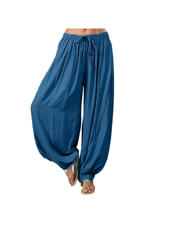 Cotton Linen Pants Drop Crotch Harem Pants Gaucho Pant Baggy Yoga Pants Women Balloon Pants Beach Palazzo Harem Pants Beach Baggy Trousers Lounge Pants Resort Wear for Women 2026 Dark Blue M