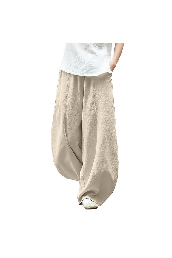 Cotton Linen Pants Elastic Ankle Pants Women Balloon Pants Beach Baggy Trousers Beach Palazzo Harem Pants Gaucho Pant Women's Sweatpants Paperbag Pant Baggy Tapered Pants Women Beige L