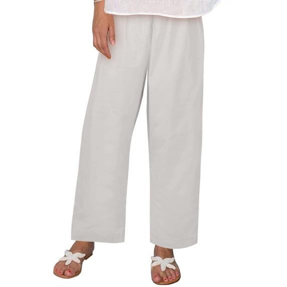 TRUBKH Cotton Linen Pants Elastic Waist Straight Leg Summer Wide Leg Vacation Beach Trousers Summer Boho Pants Pull On Pants Casual Pants for Women Linen Capri Pants Paperbag Pant Beige L
