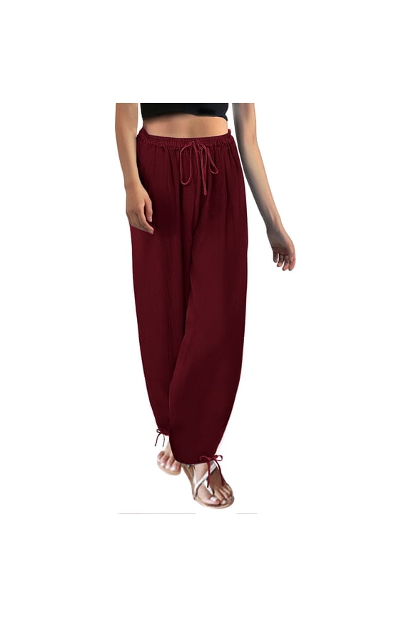 Cotton Linen Pants Palazzo Pants Gaucho Pant Flowy Gauze Paperbag Pant Straight Leg Lounge Trouser Cruise Pants Palazzo Pants Wide Leg Linen Pants Vacation Beach Pants Wine 2XL