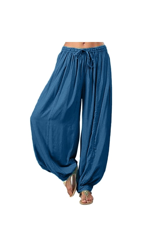 Cotton Linen Pants Paperbag Pant Baggy Pants Baggy Yoga Pants Women Resort Wear for Women 2026 Balloon Pants Baggy Tapered Pants Women Beach Palazzo Harem Pants Lounge Pants Dark Blue L
