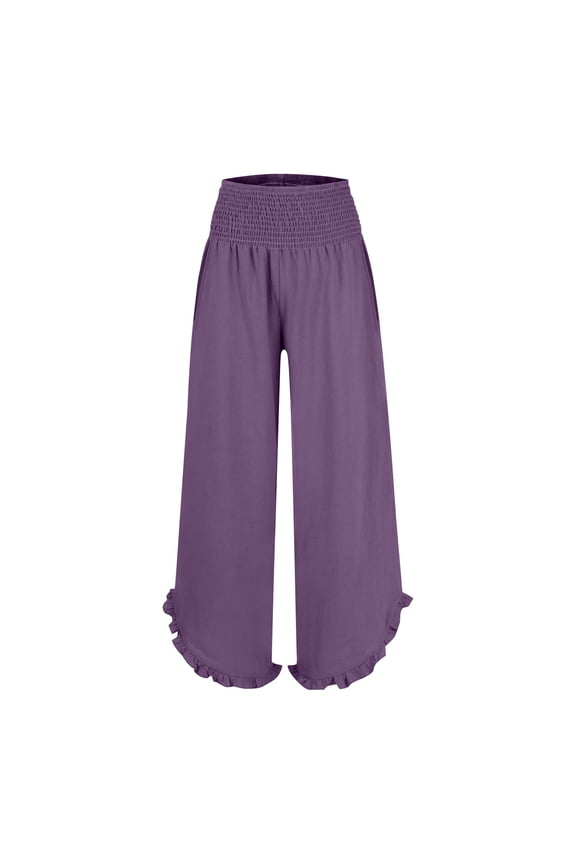 Cotton Linen Pants Plain Drawstring Trousers Breezy Pants Women Elastic Waist Ruffle Pants Women Beach Pants for Women Resort Trouser with Pocket Summer Boho Pants Summer Wide Leg Purple L