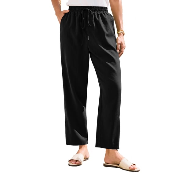 TRUBKH Cotton Linen Pants Pull On Pants Paperbag Pant Plain Drawstring Trousers Palazzo Pants Gaucho Pant Palazzo Pants Resort Wear for Women 2026 Straight Leg Lounge Trouser Flowy Gauze Black L