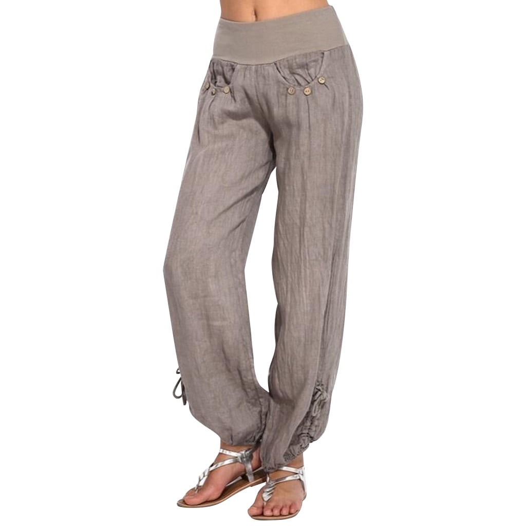 TRUBKH Cotton Linen Pants Women Button Up Straight Leg Trousers Long ...