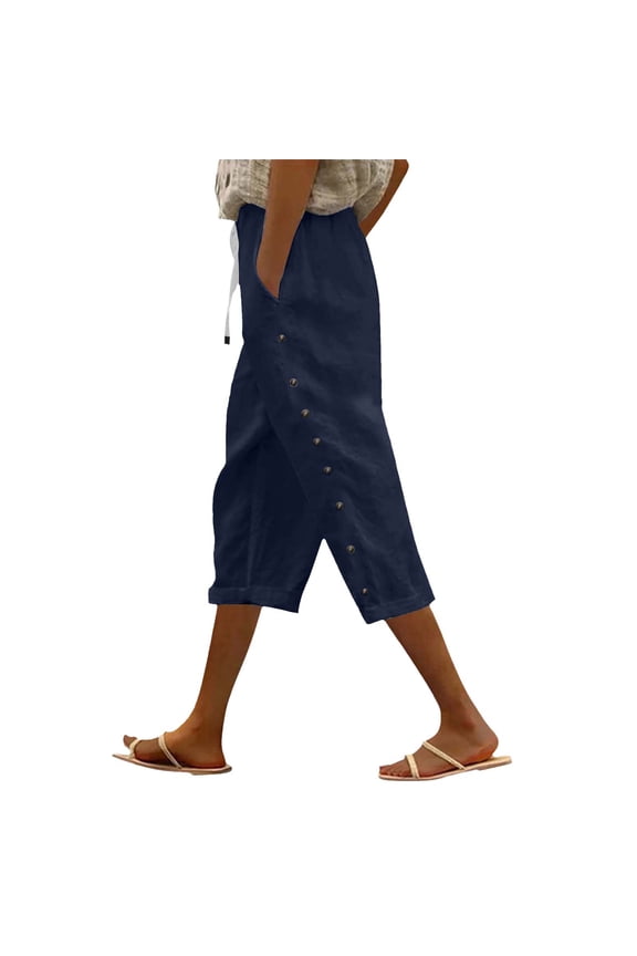 Cotton Linen Pants for Women Side Button Straight Leg Pants Side Buttons Palazzo Pants with Pockets Wide Leg Linen Pants for Women Baggy Sweatpants Lace Up Waist Loose Fit Navy S-2XL