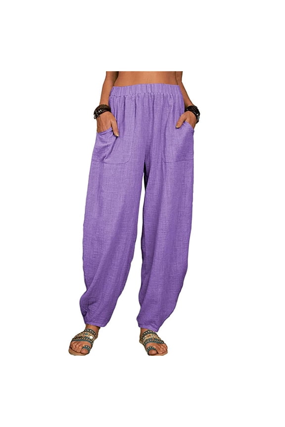 Cotton Linen Pants Women's Sweatpants Drop Crotch Harem Pants Baggy Tapered Pants Women Barrel Palazzo Pants Gaucho Pant Balloon Pants Boho Yoga Trousers Beach Palazzo Harem Pants Purple L