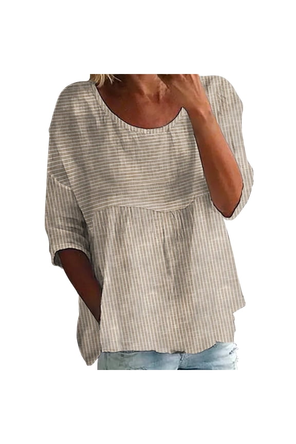 Cotton Linen Shirts Gauze Shirts Peasant Blouses Womens 3/4 Sleeve Button Down Shirts Plus Size Flowy Lace Tunic Womens 3/4 Sleeve Tops Khaki M