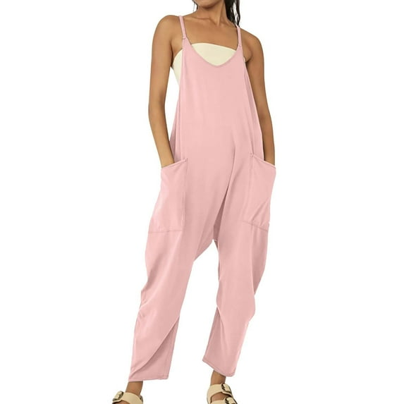 TRUBKH Denim Jumpsuit for Women,overalls for Women,jumpers for Women,skinny Jeans for Women,,sleeveless Jumpsuits V Neck Spaghetti Strap Overalls Long Pants Romper with Two Pockets Pink XL